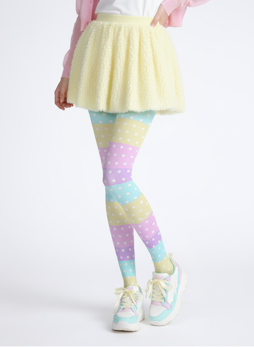 Kawaii fashion fairy kei jfashion Harajuku fashion Yume kawaii Cutecore Cute Polka Dots Stretchy Tights (Pastel Rainbow Stripes Color Block)