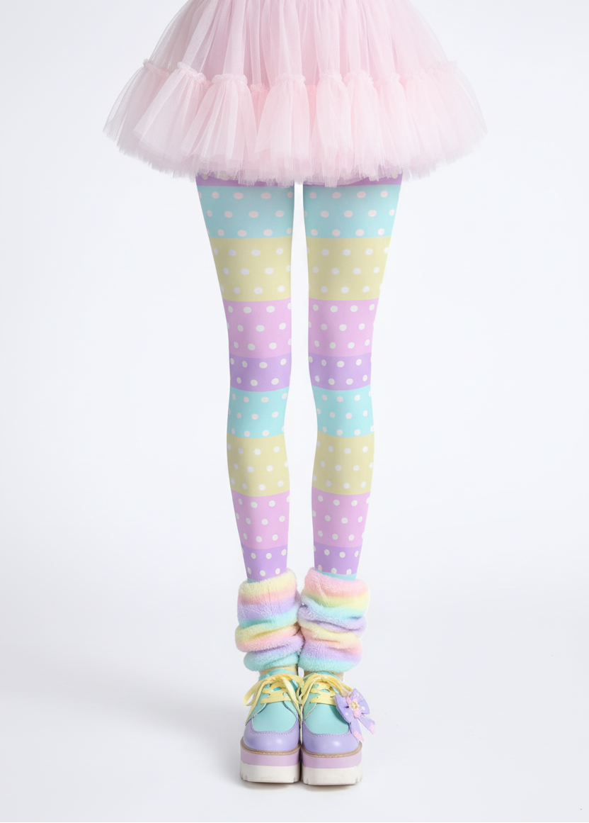 Kawaii fashion fairy kei jfashion Harajuku fashion Yume kawaii Cutecore Cute Polka Dots Stretchy Tights (Pastel Rainbow Stripes Color Block)