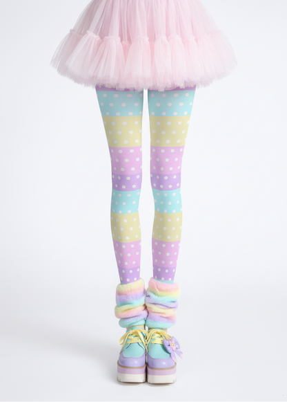 Kawaii fashion fairy kei jfashion Harajuku fashion Yume kawaii Cutecore Cute Polka Dots Stretchy Tights (Pastel Rainbow Stripes Color Block)