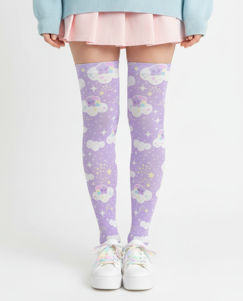 Kawaii fashion fairy kei yume kawaii Jfashion Harajuku style pastel aesthetic Japanese street fashion cutecore Shooting Star Clouds Over Knee Stocking Socks (Purple) cute sparkle magical girl mahou kei lilac lavender 
