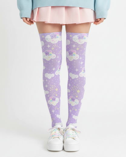 Kawaii fashion fairy kei yume kawaii Jfashion Harajuku style pastel aesthetic Japanese street fashion cutecore Shooting Star Clouds Over Knee Stocking Socks (Purple) cute sparkle magical girl mahou kei lilac lavender 