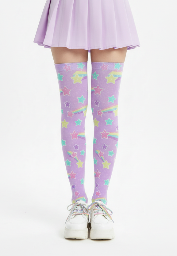 Kawaii fashion fairy kei yume kawaii harajuku fashion style jfashion pastel rainbow stars cutecore jojifuku Starry Party Over Knee Stocking Purple Socks cute  magical girl mahou kei 