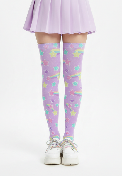 Kawaii fashion fairy kei yume kawaii harajuku fashion style jfashion pastel rainbow stars cutecore jojifuku Starry Party Over Knee Stocking Purple Socks cute  magical girl mahou kei 