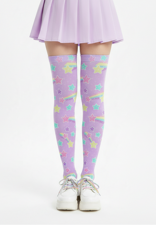 Kawaii fashion fairy kei yume kawaii harajuku fashion style jfashion pastel rainbow stars cutecore jojifuku Starry Party Over Knee Stocking Purple Socks cute  magical girl mahou kei 