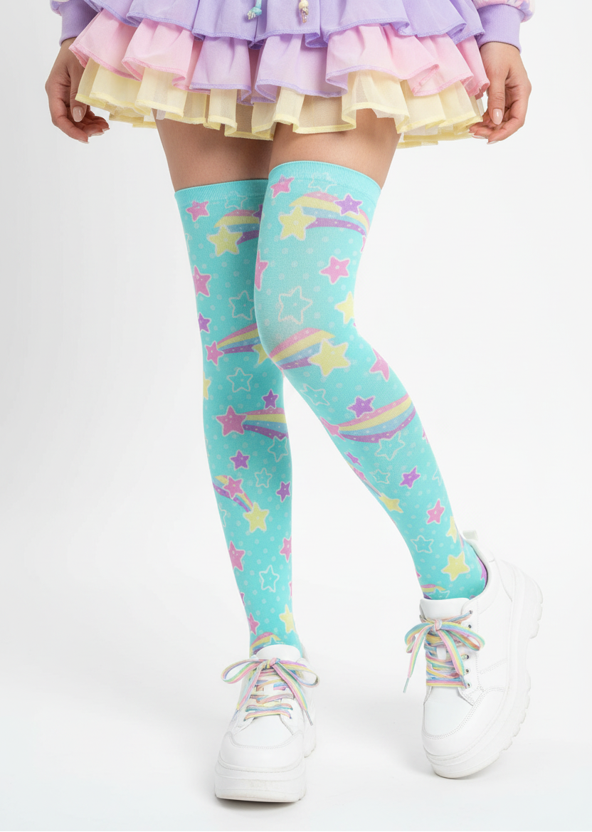 Kawaii fashion fairy kei yume kawaii harajuku fashion style jfashion pastel rainbow stars cutecore jojifuku Starry Party Over Knee Stocking Socks Blue cute  magical girl mahou kei 