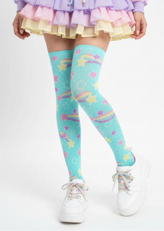 Kawaii fashion fairy kei yume kawaii harajuku fashion style jfashion pastel rainbow stars cutecore jojifuku Starry Party Over Knee Stocking Socks Blue cute  magical girl mahou kei 