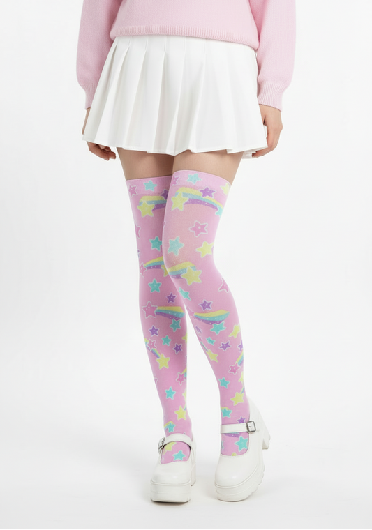 Kawaii fashion fairy kei yume kawaii harajuku fashion style jfashion pastel rainbow stars cutecore jojifuku Starry Party Over Knee Stocking Socks Pink cute  magical girl mahou kei 