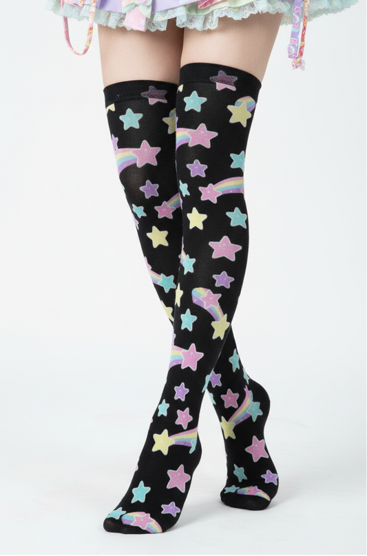 Kawaii fashion fairy kei yume kawaii harajuku fashion style jfashion pastel rainbow stars cutecore jojifuku Starry Party Over Knee Stocking Socks cute  magical girl mahou kei uchuu kei black cosmic galaxy space stars