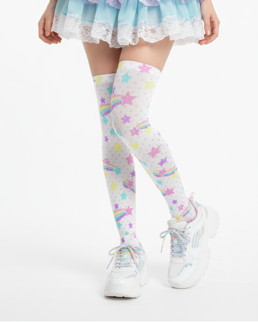 Kawaii fashion fairy kei yume kawaii harajuku fashion style jfashion pastel rainbow stars cutecore jojifuku Starry Party Over Knee Stocking White Socks cute  magical girl mahou kei 