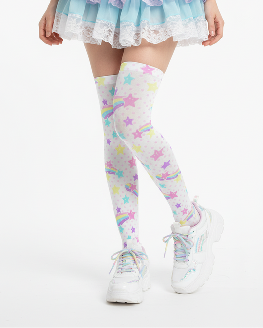 Kawaii fashion fairy kei yume kawaii harajuku fashion style jfashion pastel rainbow stars cutecore jojifuku Starry Party Over Knee Stocking White Socks cute  magical girl mahou kei 