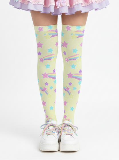 Kawaii fashion fairy kei yume kawaii harajuku fashion style jfashion pastel yellow rainbow stars cutecore jojifuku Starry Party Over Knee Stocking Socks (Yellow)
