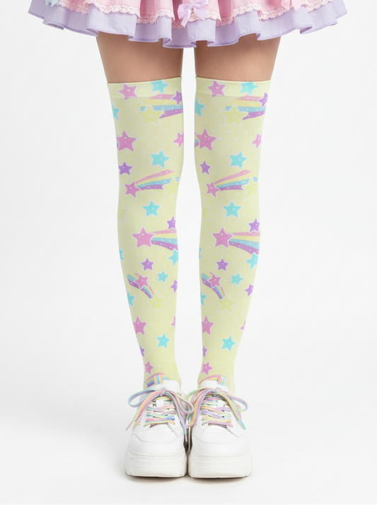 Kawaii fashion fairy kei yume kawaii harajuku fashion style jfashion pastel yellow rainbow stars cutecore jojifuku Starry Party Over Knee Stocking Socks (Yellow)