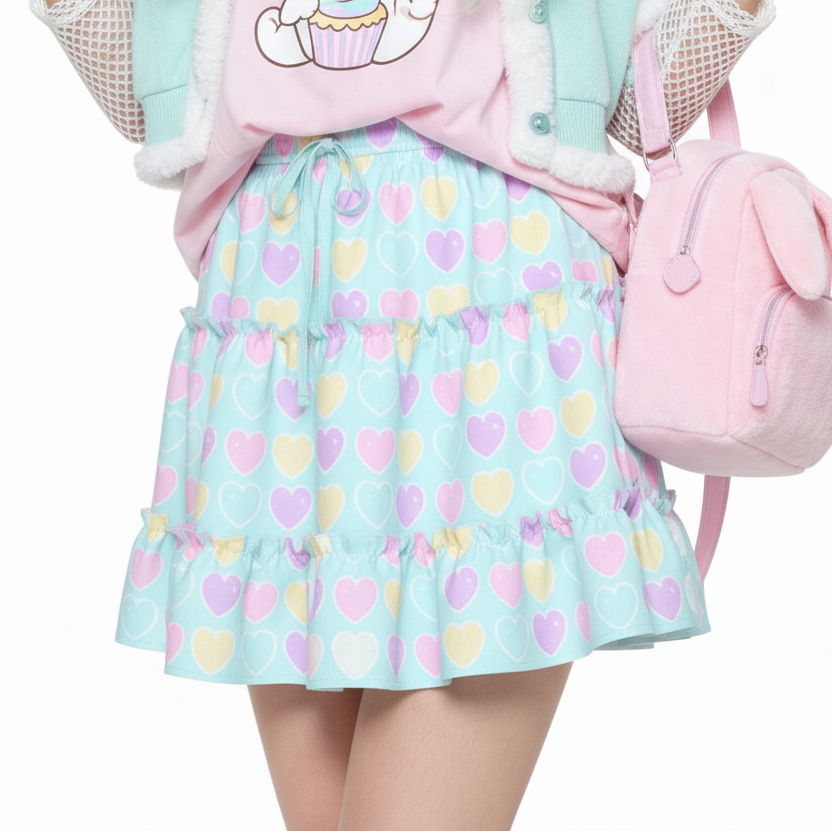 Kawaii fashion fairy kei yume kawaii jfashion Harajuku style Japanese street fashion cutecore jojifuku heisei retro era Sweet Love Hearts Blue Waist Tie Tiered Ruffle Mini Skirt aqua blue pastel hearts lovecore pastel rainbow 