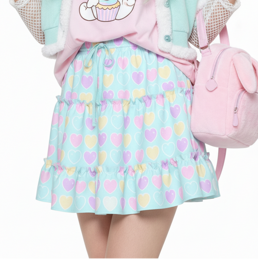 Kawaii fashion fairy kei yume kawaii jfashion Harajuku style Japanese street fashion cutecore jojifuku heisei retro era Sweet Love Hearts Blue Waist Tie Tiered Ruffle Mini Skirt aqua blue pastel hearts lovecore pastel rainbow 