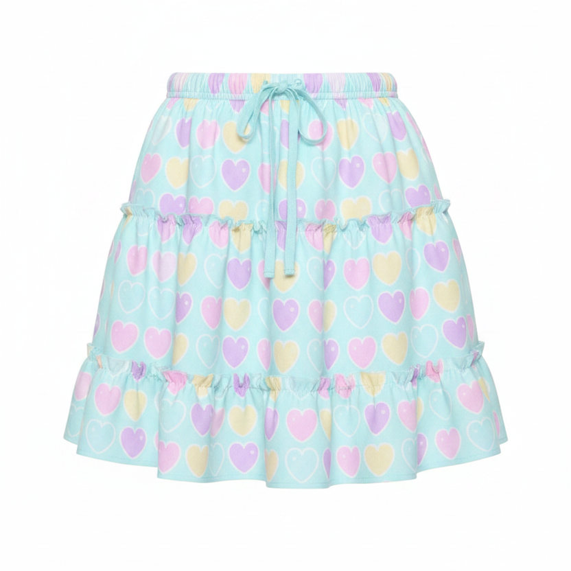 Kawaii fashion fairy kei yume kawaii jfashion Harajuku style Japanese street fashion cutecore jojifuku heisei retro era Sweet Love Hearts Blue Waist Tie Tiered Ruffle Mini Skirt aqua blue pastel hearts lovecore pastel rainbow 