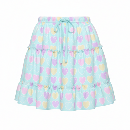 Kawaii fashion fairy kei yume kawaii jfashion Harajuku style Japanese street fashion cutecore jojifuku heisei retro era Sweet Love Hearts Blue Waist Tie Tiered Ruffle Mini Skirt aqua blue pastel hearts lovecore pastel rainbow 