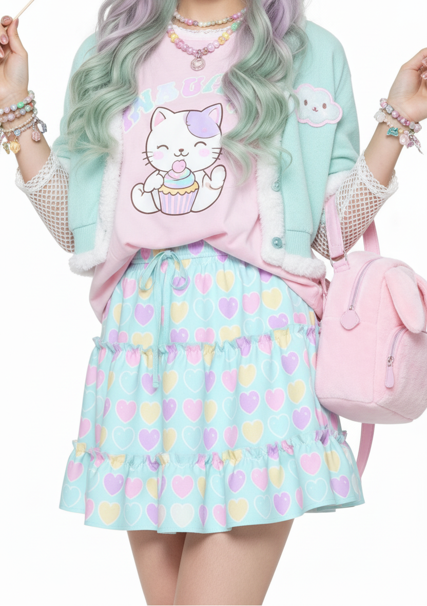 Kawaii fashion fairy kei yume kawaii jfashion Harajuku style Japanese street fashion cutecore jojifuku heisei retro era Sweet Love Hearts Blue Waist Tie Tiered Ruffle Mini Skirt aqua blue pastel hearts lovecore pastel rainbow 