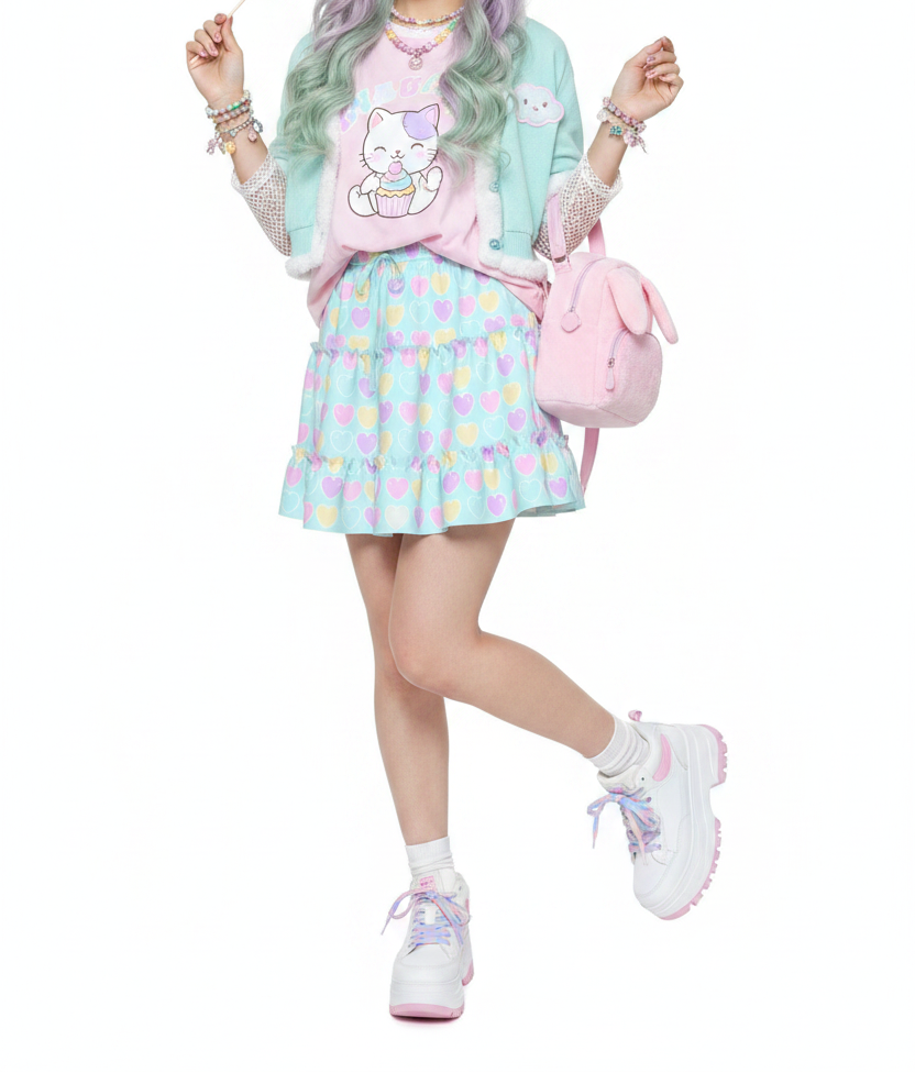 Kawaii fashion fairy kei yume kawaii jfashion Harajuku style Japanese street fashion cutecore jojifuku heisei retro era Sweet Love Hearts Blue Waist Tie Tiered Ruffle Mini Skirt aqua blue pastel hearts lovecore pastel rainbow 