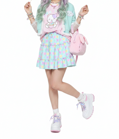 Kawaii fashion fairy kei yume kawaii jfashion Harajuku style Japanese street fashion cutecore jojifuku heisei retro era Sweet Love Hearts Blue Waist Tie Tiered Ruffle Mini Skirt aqua blue pastel hearts lovecore pastel rainbow 