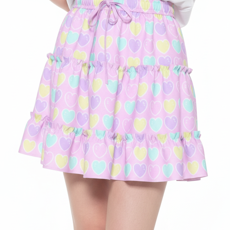 Kawaii fashion fairy kei yume kawaii jfashion Harajuku style Japanese street fashion cutecore jojifuku heisei retro era Sweet Love Hearts Pink Waist Tie Tiered Ruffle Mini Skirt Pink pastel hearts lovecore pastel rainbow Holley Tea Time  holleyteatime