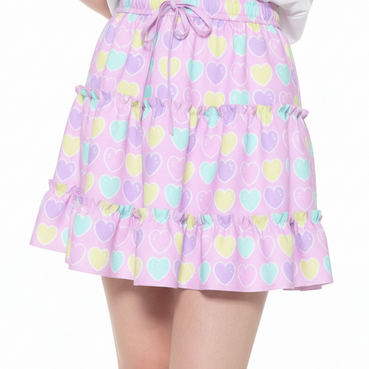 Kawaii fashion fairy kei yume kawaii jfashion Harajuku style Japanese street fashion cutecore jojifuku heisei retro era Sweet Love Hearts Pink Waist Tie Tiered Ruffle Mini Skirt Pink pastel hearts lovecore pastel rainbow Holley Tea Time  holleyteatime