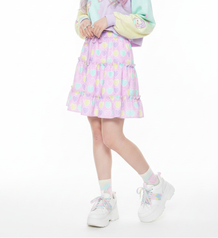 Kawaii fashion fairy kei yume kawaii jfashion Harajuku style Japanese street fashion cutecore jojifuku heisei retro era Sweet Love Hearts Pink Waist Tie Tiered Ruffle Mini Skirt Pink pastel hearts lovecore pastel rainbow Holley Tea Time  holleyteatime