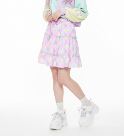 Kawaii fashion fairy kei yume kawaii jfashion Harajuku style Japanese street fashion cutecore jojifuku heisei retro era Sweet Love Hearts Pink Waist Tie Tiered Ruffle Mini Skirt Pink pastel hearts lovecore pastel rainbow Holley Tea Time  holleyteatime