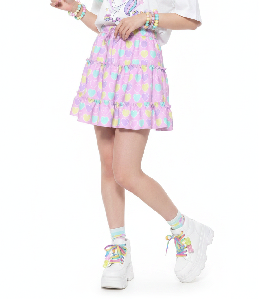 Kawaii fashion fairy kei yume kawaii jfashion Harajuku style Japanese street fashion cutecore jojifuku heisei retro era Sweet Love Hearts Pink Waist Tie Tiered Ruffle Mini Skirt Pink pastel hearts lovecore pastel rainbow Holley Tea Time  holleyteatime