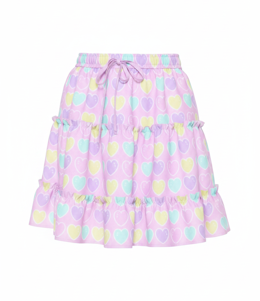 Kawaii fashion fairy kei yume kawaii jfashion Harajuku style Japanese street fashion cutecore jojifuku heisei retro era Sweet Love Hearts Pink Waist Tie Tiered Ruffle Mini Skirt Pink pastel hearts lovecore pastel rainbow Holley Tea Time  holleyteatime