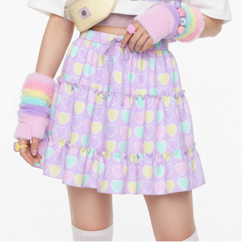 Kawaii fashion fairy kei yume kawaii jfashion Harajuku style Japanese street fashion cutecore jojifuku heisei retro era Sweet Love Hearts Purple Waist Tie Tiered Ruffle Mini Skirt lilac lavender violet pastel hearts lovecore pastel rainbow Holley Tea Time  holleyteatime