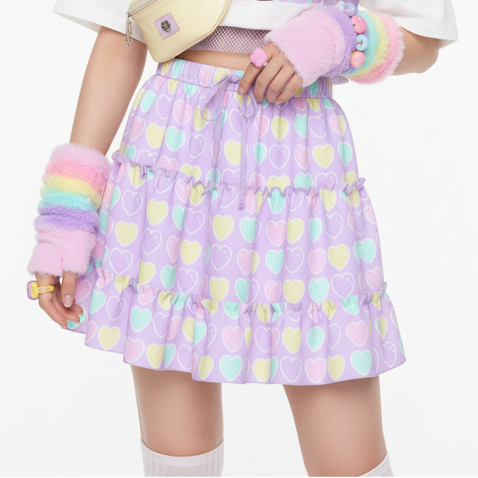 Kawaii fashion fairy kei yume kawaii jfashion Harajuku style Japanese street fashion cutecore jojifuku heisei retro era Sweet Love Hearts Purple Waist Tie Tiered Ruffle Mini Skirt lilac lavender violet pastel hearts lovecore pastel rainbow Holley Tea Time  holleyteatime
