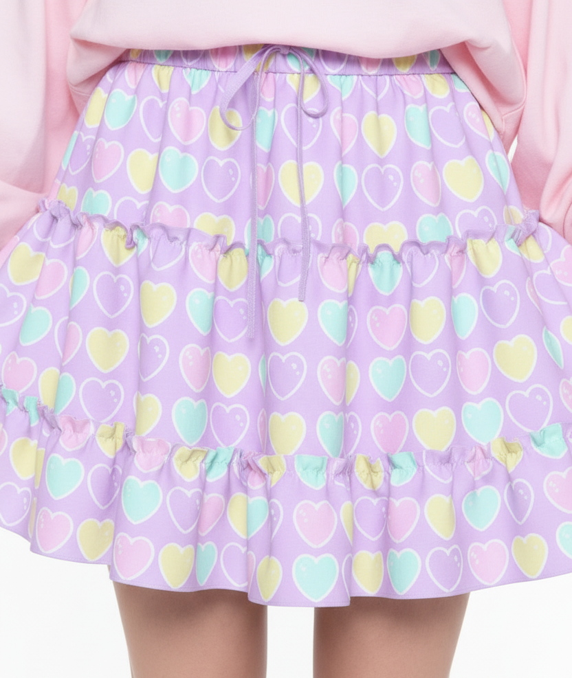 Kawaii fashion fairy kei yume kawaii jfashion Harajuku style Japanese street fashion cutecore jojifuku heisei retro era Sweet Love Hearts Purple Waist Tie Tiered Ruffle Mini Skirt lilac lavender violet pastel hearts lovecore pastel rainbow Holley Tea Time  holleyteatime