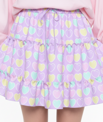 Kawaii fashion fairy kei yume kawaii jfashion Harajuku style Japanese street fashion cutecore jojifuku heisei retro era Sweet Love Hearts Purple Waist Tie Tiered Ruffle Mini Skirt lilac lavender violet pastel hearts lovecore pastel rainbow Holley Tea Time  holleyteatime