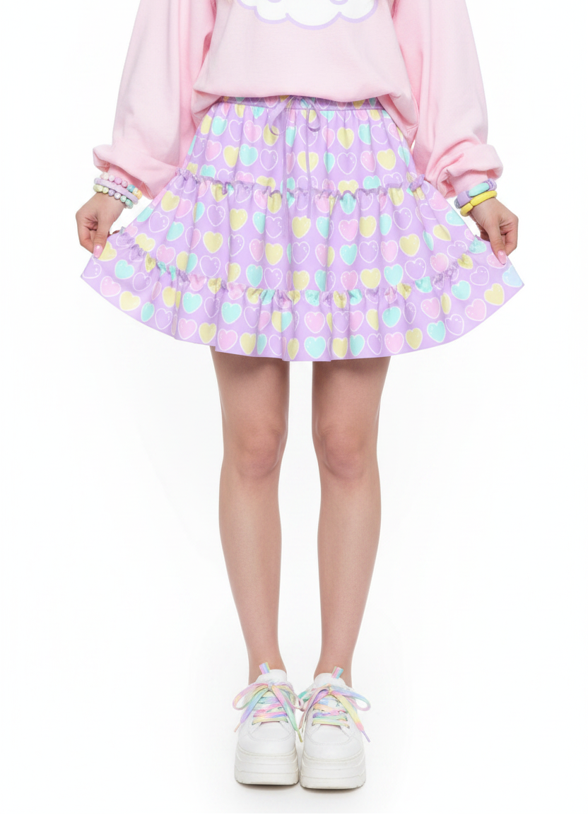 Kawaii fashion fairy kei yume kawaii jfashion Harajuku style Japanese street fashion cutecore jojifuku heisei retro era Sweet Love Hearts Purple Waist Tie Tiered Ruffle Mini Skirt lilac lavender violet pastel hearts lovecore pastel rainbow Holley Tea Time  holleyteatime