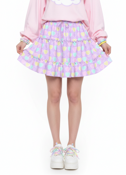 Kawaii fashion fairy kei yume kawaii jfashion Harajuku style Japanese street fashion cutecore jojifuku heisei retro era Sweet Love Hearts Purple Waist Tie Tiered Ruffle Mini Skirt lilac lavender violet pastel hearts lovecore pastel rainbow Holley Tea Time  holleyteatime