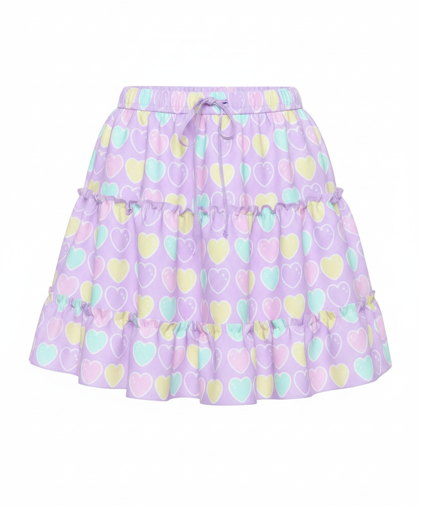 Kawaii fashion fairy kei yume kawaii jfashion Harajuku style Japanese street fashion cutecore jojifuku heisei retro era Sweet Love Hearts Purple Waist Tie Tiered Ruffle Mini Skirt lilac lavender violet pastel hearts lovecore pastel rainbow Holley Tea Time  holleyteatime