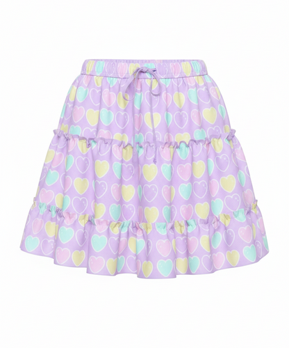 Kawaii fashion fairy kei yume kawaii jfashion Harajuku style Japanese street fashion cutecore jojifuku heisei retro era Sweet Love Hearts Purple Waist Tie Tiered Ruffle Mini Skirt lilac lavender violet pastel hearts lovecore pastel rainbow Holley Tea Time  holleyteatime