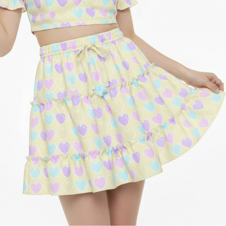 Kawaii fashion fairy kei yume kawaii jfashion Harajuku style Japanese street fashion cutecore jojifuku heisei retro era Sweet Love Hearts Yellow Waist Tie Tiered Ruffle Mini Skirt  pastel hearts lovecore pastel rainbow Holley Tea Time  holleyteatime