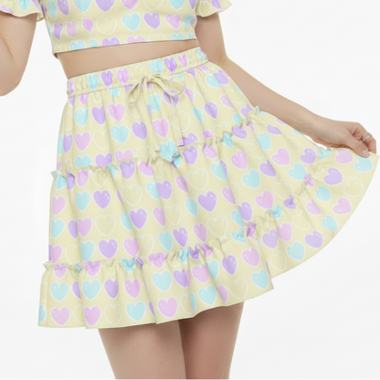 Kawaii fashion fairy kei yume kawaii jfashion Harajuku style Japanese street fashion cutecore jojifuku heisei retro era Sweet Love Hearts Yellow Waist Tie Tiered Ruffle Mini Skirt  pastel hearts lovecore pastel rainbow Holley Tea Time  holleyteatime