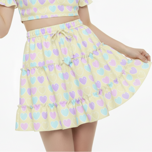 Kawaii fashion fairy kei yume kawaii jfashion Harajuku style Japanese street fashion cutecore jojifuku heisei retro era Sweet Love Hearts Yellow Waist Tie Tiered Ruffle Mini Skirt  pastel hearts lovecore pastel rainbow Holley Tea Time  holleyteatime