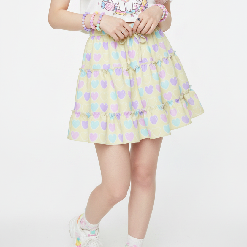 Kawaii fashion fairy kei yume kawaii jfashion Harajuku style Japanese street fashion cutecore jojifuku heisei retro era Sweet Love Hearts Yellow Waist Tie Tiered Ruffle Mini Skirt  pastel hearts lovecore pastel rainbow Holley Tea Time  holleyteatime