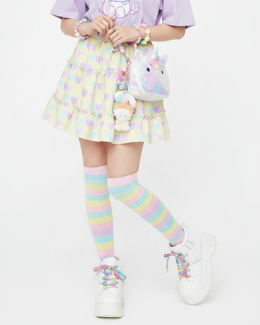 Kawaii fashion fairy kei yume kawaii jfashion Harajuku style Japanese street fashion cutecore jojifuku heisei retro era Sweet Love Hearts Yellow Waist Tie Tiered Ruffle Mini Skirt  pastel hearts lovecore pastel rainbow Holley Tea Time  holleyteatime