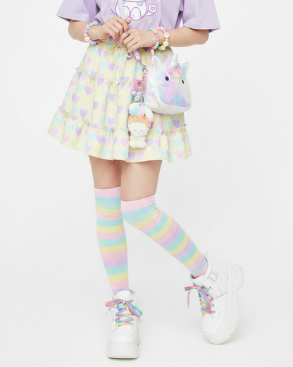 Kawaii fashion fairy kei yume kawaii jfashion Harajuku style Japanese street fashion cutecore jojifuku heisei retro era Sweet Love Hearts Yellow Waist Tie Tiered Ruffle Mini Skirt  pastel hearts lovecore pastel rainbow Holley Tea Time  holleyteatime