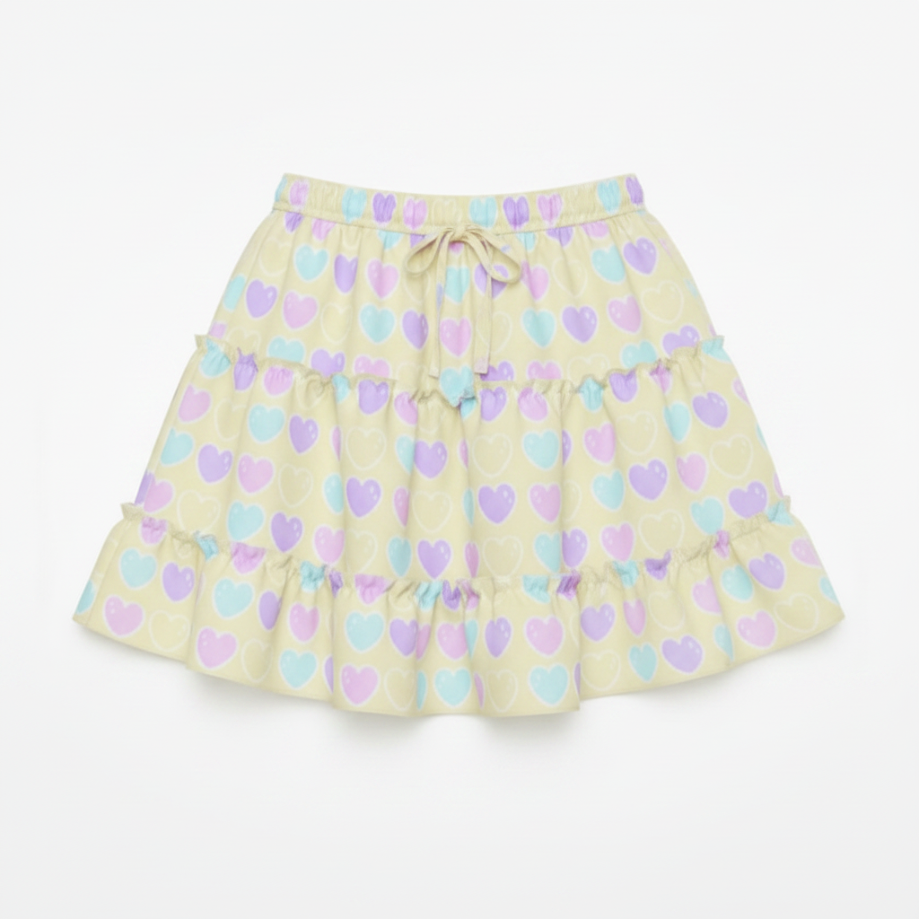 Kawaii fashion fairy kei yume kawaii jfashion Harajuku style Japanese street fashion cutecore jojifuku heisei retro era Sweet Love Hearts Yellow Waist Tie Tiered Ruffle Mini Skirt  pastel hearts lovecore pastel rainbow Holley Tea Time  holleyteatime