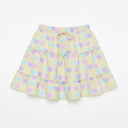 Kawaii fashion fairy kei yume kawaii jfashion Harajuku style Japanese street fashion cutecore jojifuku heisei retro era Sweet Love Hearts Yellow Waist Tie Tiered Ruffle Mini Skirt  pastel hearts lovecore pastel rainbow Holley Tea Time  holleyteatime