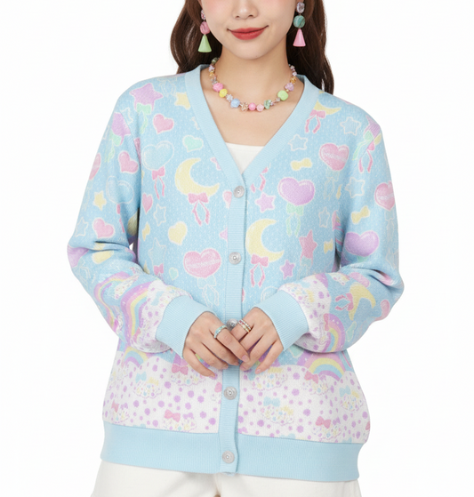 Kawaii fashion fairy kei yume kawaii magical girl jojifuku cutecore harajuku fashion jfashion  Pastel Party Women's Ribbed Button Up Cardigan (Blue)