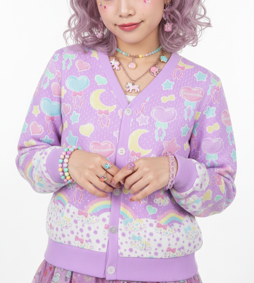Kawaii fashion fairy kei yume kawaii magical girl jojifuku cutecore harajuku fashion jfashion Pastel Party Women's Ribbed Button Up Cardigan Purple (Lavender) Lilac