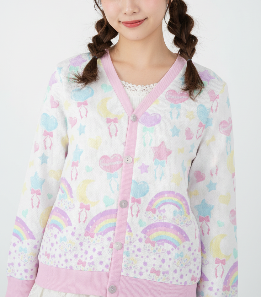 Kawaii fashion fairy kei yume kawaii magical girl jojifuku cutecore harajuku fashion jfashion Pastel Party Women's Ribbed Button Up Cardigan (White)
