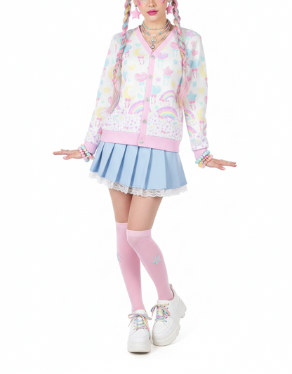 Kawaii fashion fairy kei yume kawaii magical girl jojifuku cutecore harajuku fashion jfashion Pastel Party Women's Ribbed Button Up Cardigan (White)