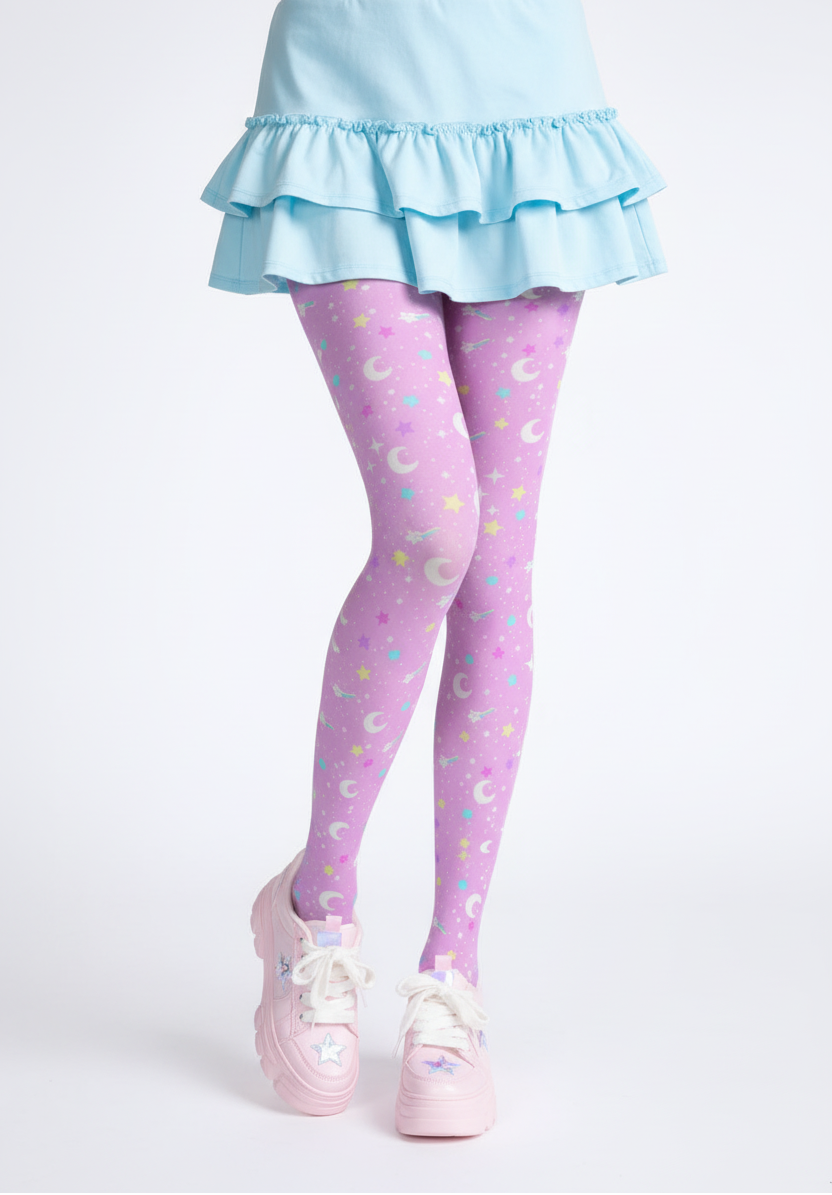 Kawaii fashion fairy kei yume kawaii uchuu kei Jfashion Harajuku fashion Japanese street fashion Starry Glitter Stretchy Tights pink cosmic galaxy

